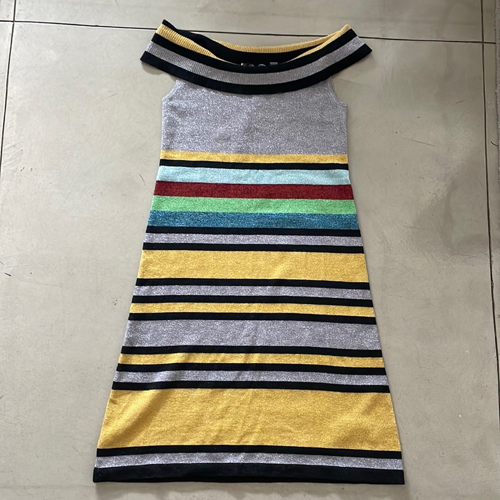 Striped Metallic Knit Off-Shoulder Dress in Yellow & Silver